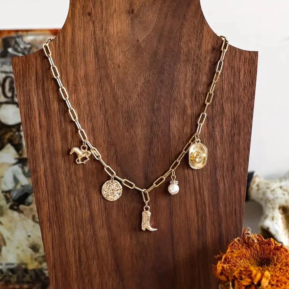 NEW Gold Charm Necklace with Western Cowboy Bohemian Accents